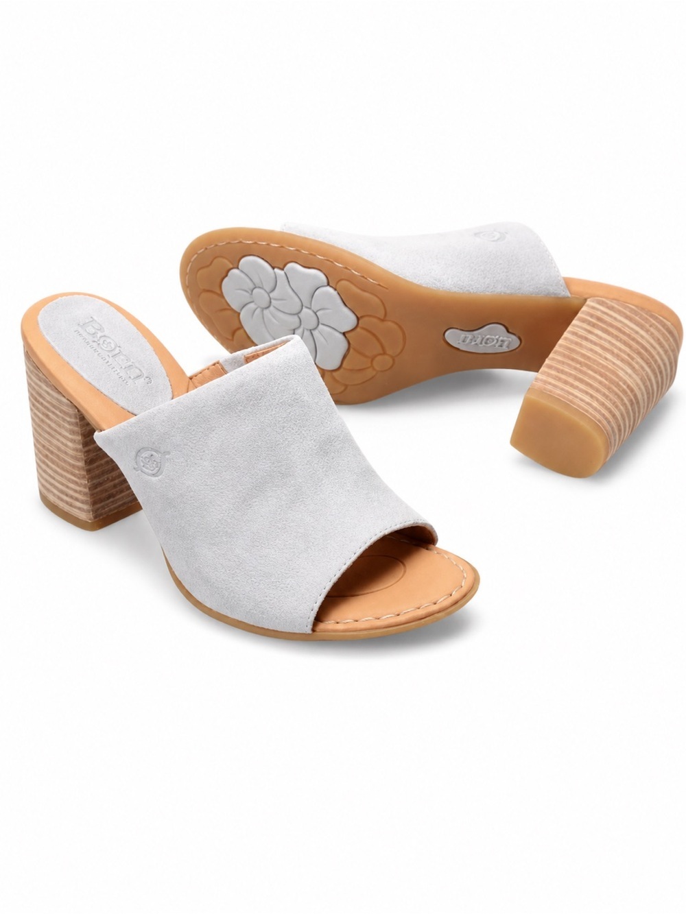 BORN BIMA SUEDE LEATHER SLIDE SANDALS CHUNKY HEEL SIZE 11 LIGHT TAUPE GRAY